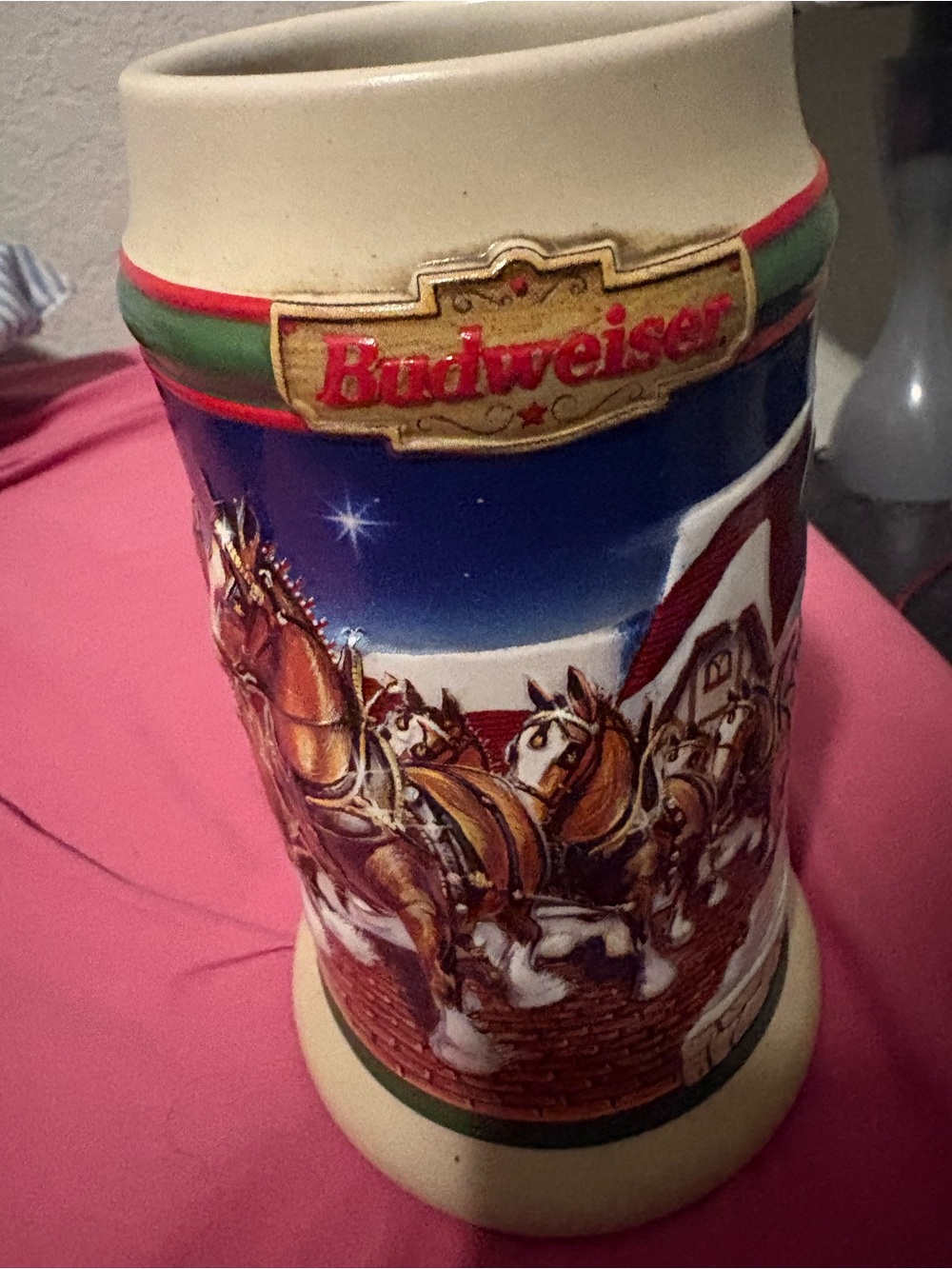 Budweiser Clydesdale Ceramic Stein with Blue, Cream & Red Accents